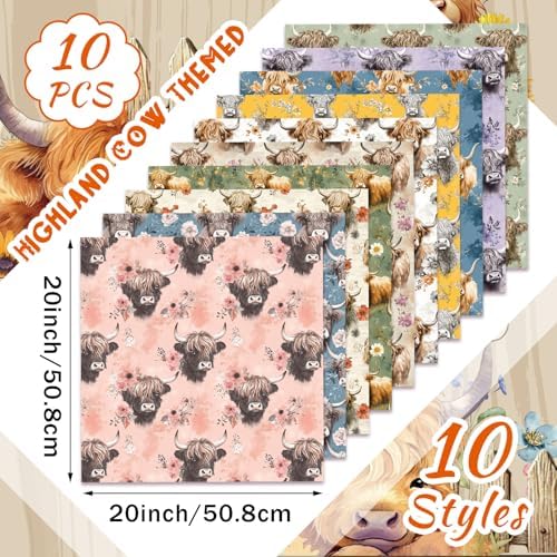 Hahafelt 10 Pcs Fall Highland Cow Quilting Fabric Bundles 20 x 20 Inch
