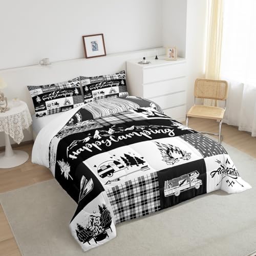 Castle Fairy Camper Patchwork Comforter Set Queen Size,RV Happy Camping Hunting Adventure Bedding Set for Women Adult,Travel Trailers Decor Boho Aztec Exotic Luxury Bed Duvet Insert, 2 Pillowcases