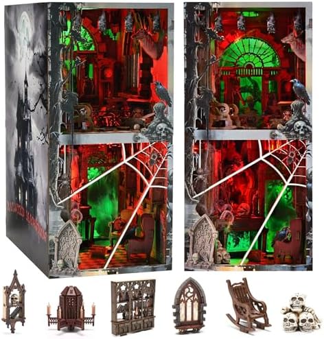 fifijoy Haunted Horror Book Nook Kit, DIY Miniature Dollhouse Halloween Booknook Kit, Spooky Creepy Scary 3D Wooden Puzzle Bookend Bookshelf Insert Decor with LED Light (Haunted Mansion)