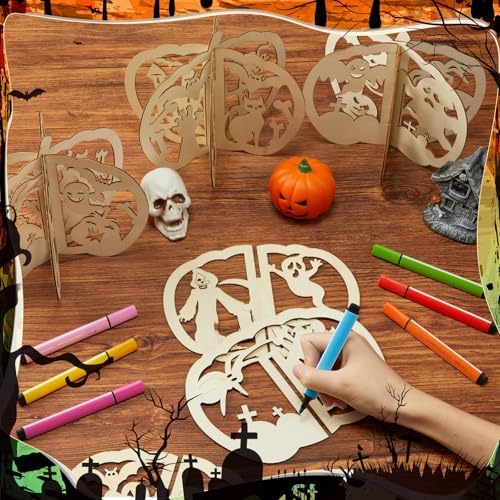 Yalikop 72 Pcs Halloween Kids Wood Crafts, 7.9 x 6.7 in, Ghost Pumpkin Cat