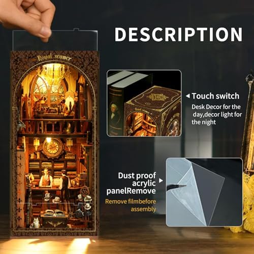 Book Nook Corner mini House Set, DIY Royal Tailor's mini Light and Shadow Book Stand Set, and 3D Wooden Puzzle Bookshelf with LED Lights for Plug-in Decoration, Suitable for Teenager.