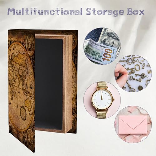 World Map Book Box Faux Book Storage Box Vintage 9.1 x 5.9 x 2 Inch World Map Pattern Storage Organizers for Jewelry Trinket Wedding Memories Hobby Keepsake Photos Home Bookshelf Decoration