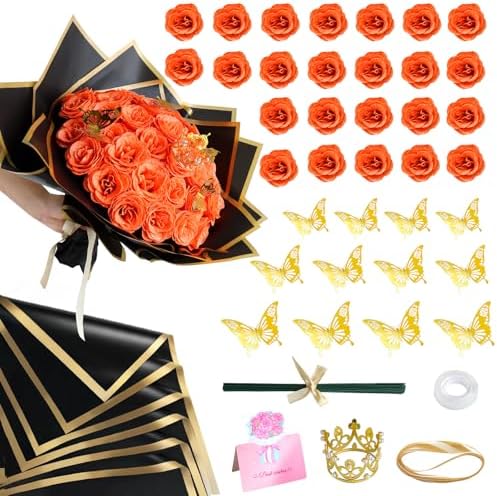 CCYXSHOW DIY Glitter Roses Bouquet Kit -Artificial Orange Rose Bouquet Fall Everlasting Flowers Fake Shiny Bouquet, Anniversary, Engagement, Wedding, Birthday Party Gifts,24 Roses