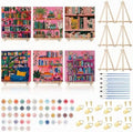 YooNotee 6 Pack Paint by Numbers Kit for Adults Pink Bookshelf Adult Paint by Number Kits for Women on Canvas Book DIY Acrylic Painting on 8x8 Inch Canvas with Wooden Easels & Brushes, Home Wall Decor