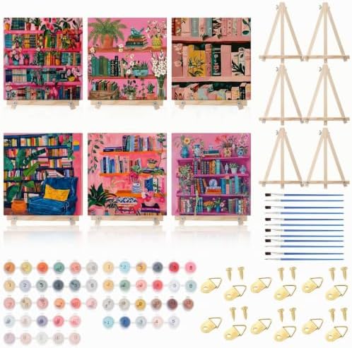 YooNotee 6 Pack Paint by Numbers Kit for Adults Pink Bookshelf Adult Paint by Number Kits for Women on Canvas Book DIY Acrylic Painting on 8x8 Inch Canvas with Wooden Easels & Brushes, Home Wall Decor