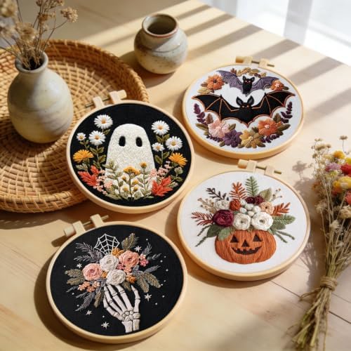 Santune Halloween Embroidery kit,Fall Needlepoint Cross Stitch Kits for Beginners Adult,Needle Point Sets,4 Embroidery,2 Hoops,Halloween Ornaments