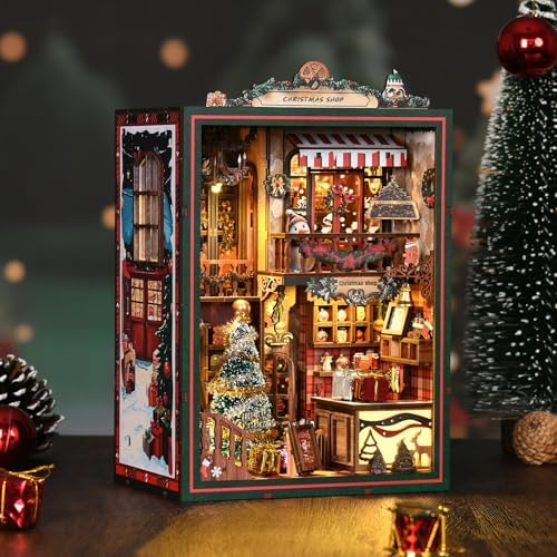 Book Nook LED Music Christmas Book Nook Kit - NEXTIPS 3D Wooden DIY Miniature Store for Shelf Decor