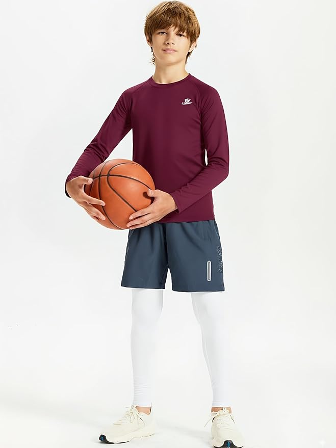 DEVOROPA Youth Boys Compression Shirt Long/Short Sleeve Football Baseball Undershirt Quick Dry Kids Sports Baselayer Crewneck