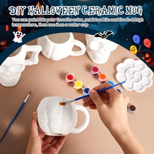 LOYIM Set of 4 Halloween Ceramic to Paint, Pumpkin Skeleton Painting Mug