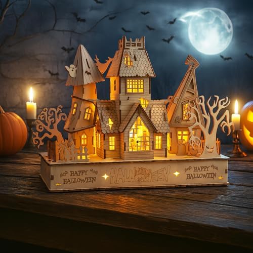 3D Wooden Halloween Haunted House Puzzles, Wood Creative Glow in The Dark Haunted House Puzzle, Assembly Model Building Kits to Build for Adults, Halloween Decor Model Kits