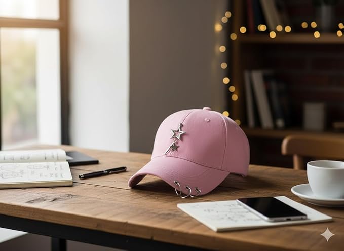 K-pop Metallic Fitted Cap with Ring Chain, Unique Design, Star Embellishment