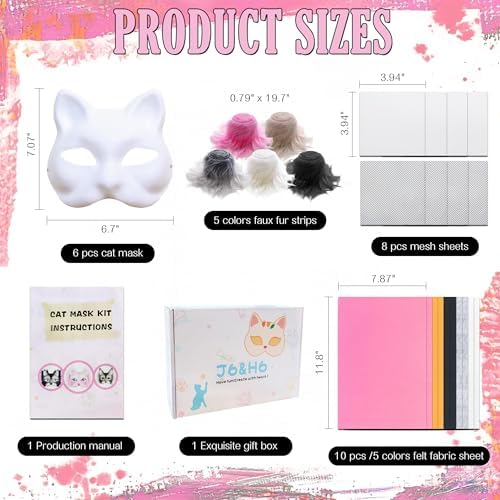J6&H6 31 Pcs DIY Therian Mask Kit with Exclusive Funny Stickers, Blank Cat Mask,Fabric Sheet, Faux Fur and Eye Mesh Suitable for Christmas Role-Playing Parties(Pink)