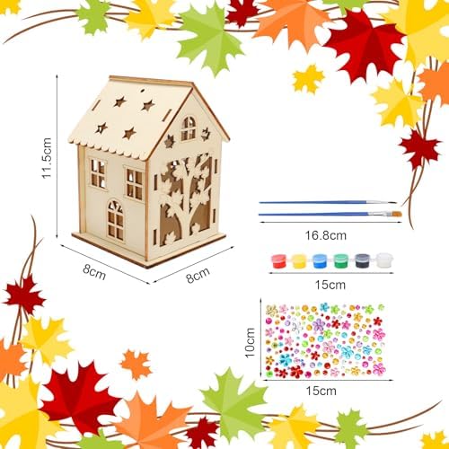 Fennoral 14 Pack Wooden Fall House Craft for Kids Make You Own Fall Animals House DIY Paint Fall Art and Craft for Autumn Art Projiect Thanksgiving Party Decoration