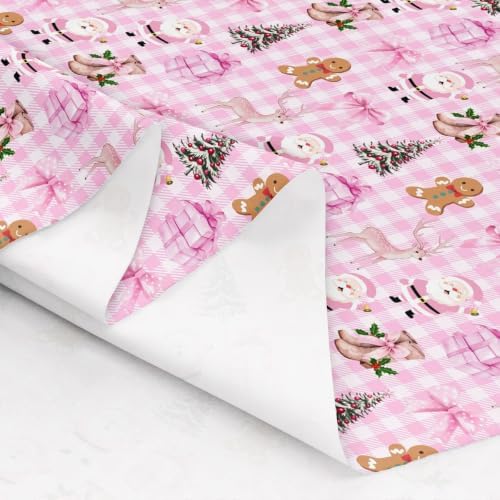 Princess Bow Upholstery Fabric for Chairs | Pink Buffalo Plaid Christmas Decorations Santa Claus Outdoor Fabric by The Yard 181"x63", Cute Xmas Gingerbread Man Christmas Tree Landscape Fabric