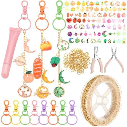 VioraWhite 213 Pcs Keychain Making Kit Bag Charm Kit Cute Lip Gloss Keychain 100 Pink Enamel Charms 32.81 ft Gold Chains for DIY Crafts Women