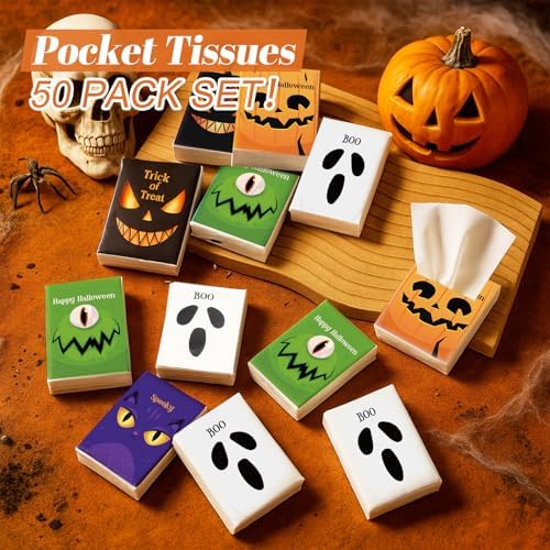 Outus 50 Pack Boo Halloween Pocket Tissues Travel Size, Trick or Treat Gift