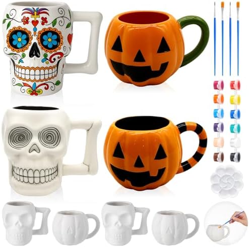 LOYIM Set of 4 Halloween Ceramic to Paint, Pumpkin Skeleton Painting Mug