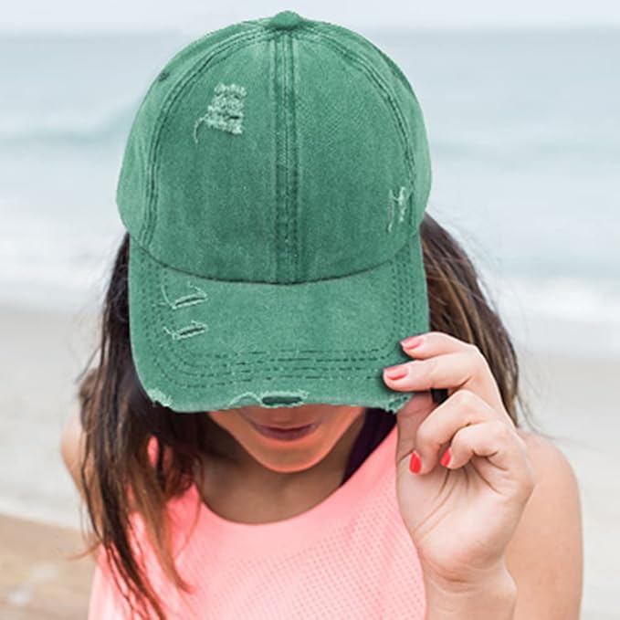 Criss Cross Ponytail Hat Women Washed Distressed Baseball Caps Adjustable High Messy Bun Ponycap