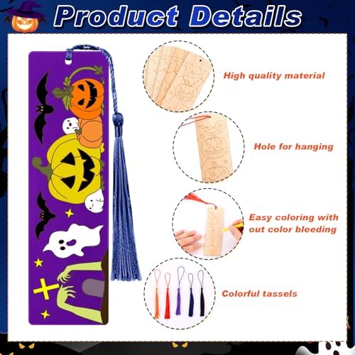 200 Pcs Halloween Wood Bookmarks to Color Bulk, Color Your Own with Tassels