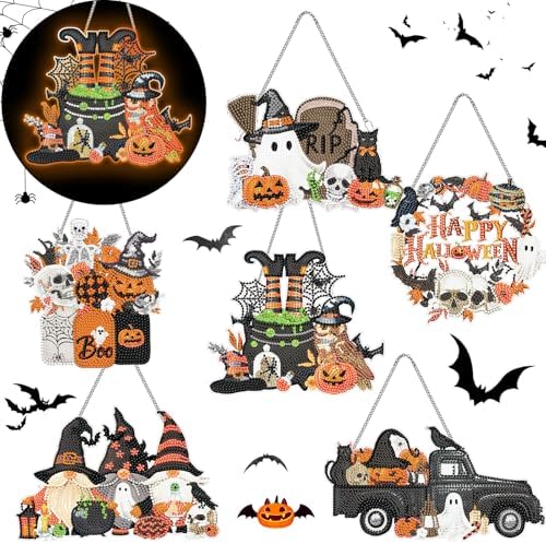 Chiisong 6 Pcs Halloween Diamond Art, Fall Diamond Painting Hanging Signs