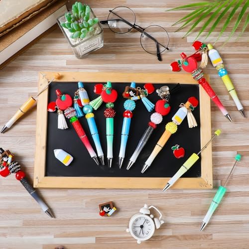Jutom 12 Pcs Teacher Beadable Pens with 50 Colorful Beads 12 Tassels 12 Pendants Silicone Focal Bead for DIY Making Kit Pens Back to School End of The Year Office Teacher Christmas Appreciation Gift