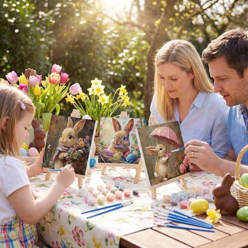 YooNotee 6 Pack Easter Paint by Numbers Kit Canvas with Wooden Easels & Brushes, 8 x 8 inches Easter Canvas Set for Adults Easy Acrylic Paint Kit Beginner for Rabbit Home Decor