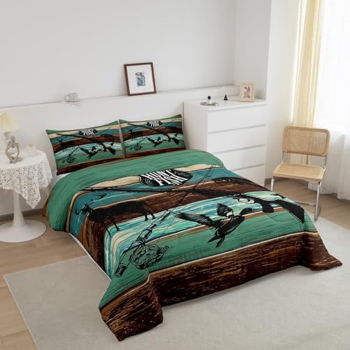 Castle Fairy Kids Wild Animal Hunting Comforter Set Twin Size,Hunt Fish Themed Retro Bedding Comforters Bedroom Decor,Farmhouse Rustic Wooden Board Microfiber Duvet Set for Kids Teens,2 Pcs