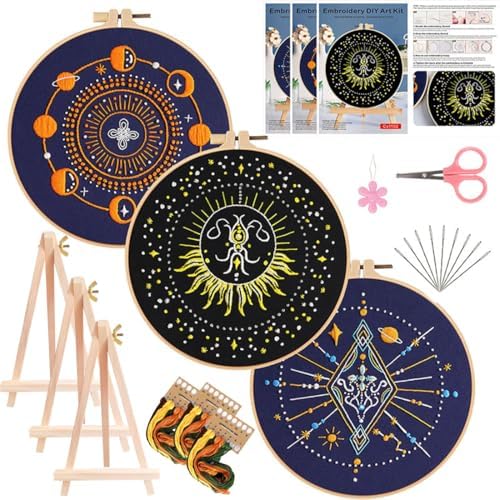 Qupace 3 Pcs Halloween Black Celestial Embroidery Kit, Star Moon Hand Embroidery Set with Bamboo Hoop, DIY Boho Cosmic Craft Supplies for Wall Decor Gift