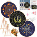 Qupace 3 Pcs Halloween Black Celestial Embroidery Kit, Star Moon Hand Embroidery Set with Bamboo Hoop, DIY Boho Cosmic Craft Supplies for Wall Decor Gift