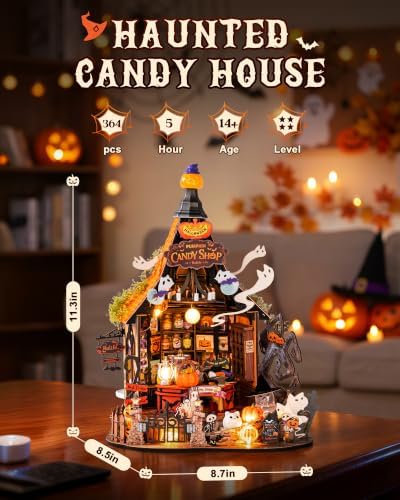 Rolife Halloween Haunted Candy House DIY Miniature House Kits with 9 LED Lights, Beginner-Friendly Tiny House Model Building Kits, Spooky Halloween Tabletop Decor, DIY Creative Hobby Gifts for Teens