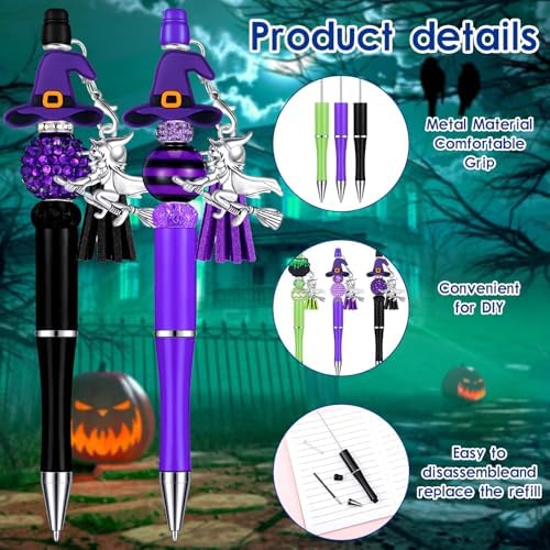 Jutom 12 Pcs Halloween Beadable Pens with Silicone Focal Beads