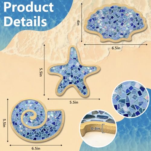 luperasol 6 Sets DIY Ocean Mosaic Tiles for Crafts Mixed Color Glass Mosaic Kits Wooden Coaster for Drinks Tray Handmade Home Decoration and Gift Idea