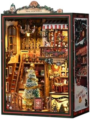 Book Nook LED Music Christmas Book Nook Kit - NEXTIPS 3D Wooden DIY Miniature Store for Shelf Decor