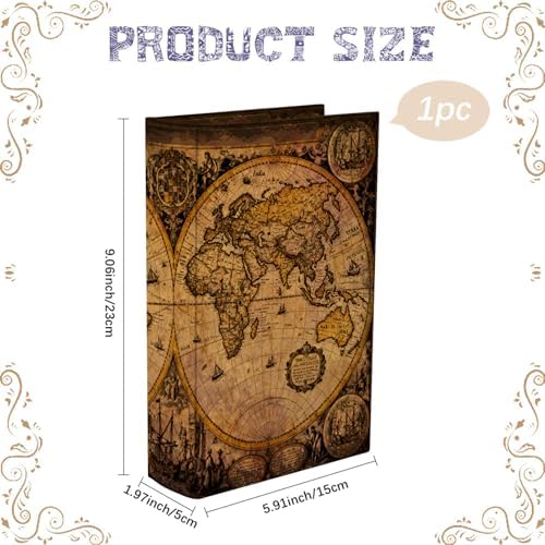 World Map Book Box Faux Book Storage Box Vintage 9.1 x 5.9 x 2 Inch World Map Pattern Storage Organizers for Jewelry Trinket Wedding Memories Hobby Keepsake Photos Home Bookshelf Decoration