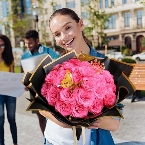 Glitter Rose Flower Bouquet, Fake Roses Bouquet 16 Pcs DIY Glitter Rose Bouquet Kits Birthday Gifts for Women Mom Mother's Day Anniversary Graduation - Hot Pink