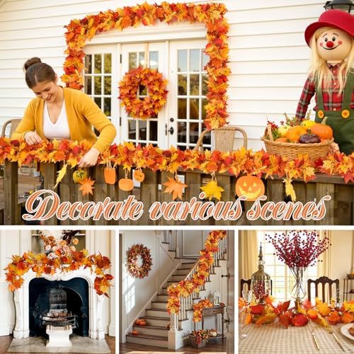 Joyhalo Fall Garland Autumn Leaf Garland Outdoor Fall Porch Decor, 2 Pack