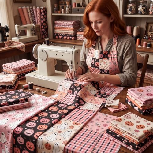 Hahafelt 10 Pcs 18"x22" Pink Halloween Fat Quarter Cute Ghost Fabric Bundle