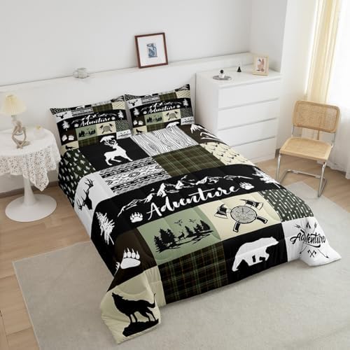 Castle Fairy Deer Antlers Full Size Comforter Set,Bear Pine Arrow Hunting Adventure Bedding Comforters Bedroom Collection,Camper Retro Green Plaid Checkered Bedding Set for Girls Teens