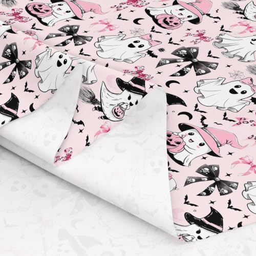 Bow Ghost Halloween Decor Upholstery Fabric Halloween Bats DIY Fabric by The Yard for Craft Lovers 72"x63", Gothic Moon Pumpkin Lantern Goth Witch Hat Skeleton Spider Web Quilting Fabric,Pink