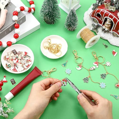 VioraWhite 213 Pcs Christmas Theme Lip Gloss Keychain Making Kit 100 Pink Enamel Charms 32.81 ft Gold Chains for DIY Crafts Women
