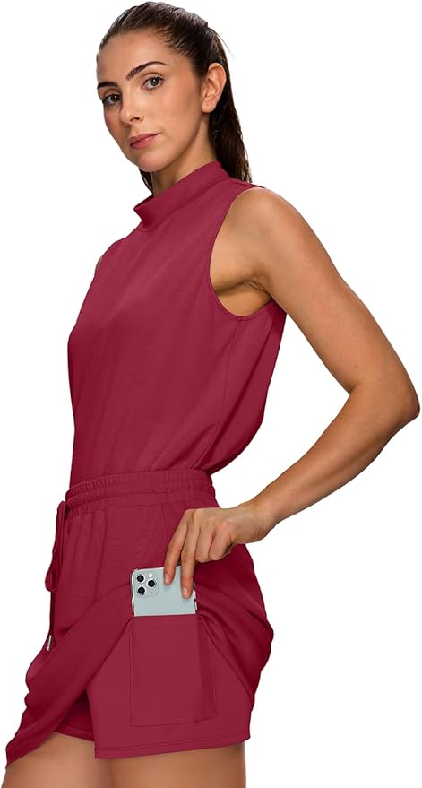 XIEERDUO Two Piece Skirt Sets for Women Summer Beach Vacation Resort Cruise Outfits Mock Neck Tops Tennis Skirt Sets