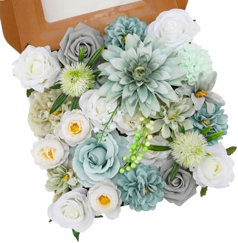 Floweroyal Artificial Flowers Combo Teal Blue Flowers Mix Silk Flowers Dahlia Roses with Stems for DIY Wedding Bridal Bouquets, Baby Shower, Floral Arrangement, Table Centerpieces, Home Decorations.