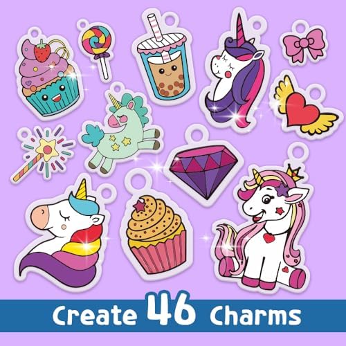 Yrinfay 89PC DIY Unicorn Shrinking Plastic Art Kit - 46 Pre-Cut Shapes, 12 Markers & Accessories - Make Charms, Keychains & Tags - No-Mess Craft for Kids - Birthday Gift with Shrinking Plastic Sheets