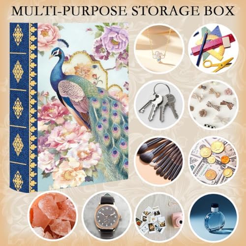 Faux Book Storage Box Floral 9.1 x 5.9 x 2 Inch Book Trinket Boxes Peacock Flower Pattern Decorative Storage Organizers for Jewelry Trinket Wedding Keepsake Photos Home Bookshelf Decoration