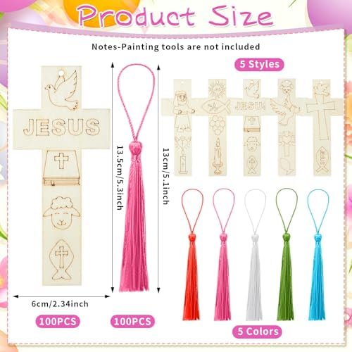 200 Pcs Christian Wood Bookmarks to Color Bulk, Color Your Own with Tassels