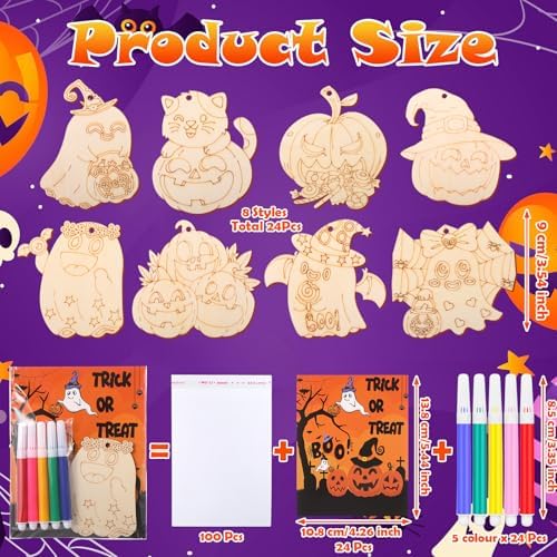 24 Sets Wooden Halloween Coloring Crafts Kits with Watercolor Pen