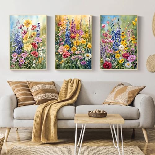 Mandun Wild Flowers Paint by Numbers Kit for Adults, 3 Pack, 7.8x11.8 inch