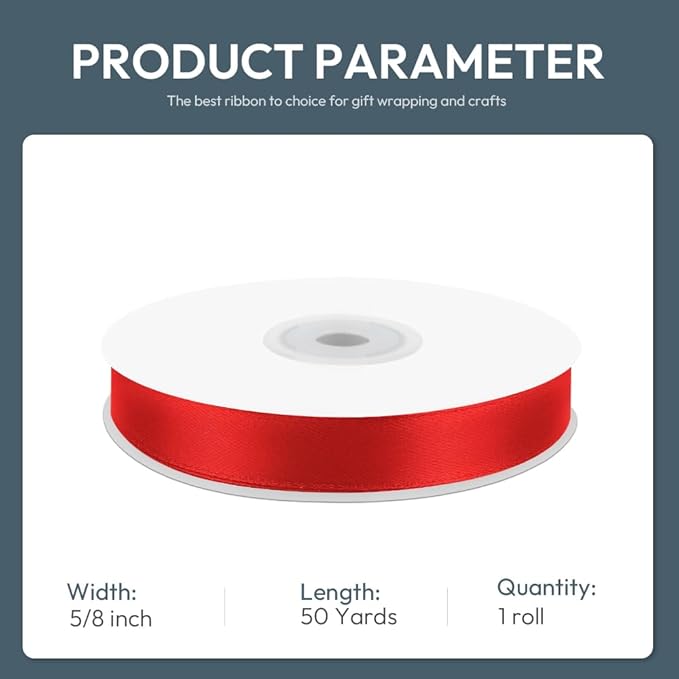 KMER LIFE 5/8" Wide x 50 Yards Red Single Faced Polyester Satin Ribbon - Image 2