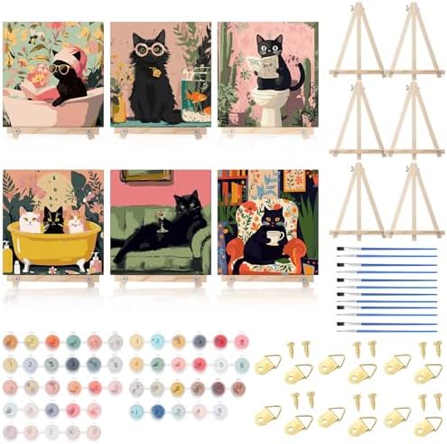 YooNotee 6 Pack Black Cat Paint by Numbers Kit on Canvas with Wooden Easels & Brushes, 8x8 Inch Black Cat Adult Paint by Number Kits on Canvas Framed, DIY Number Paintings for Adults for Wall