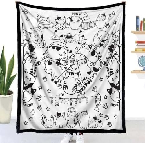 DIY Coloring Blanket for Kids, Cute Cat Doodle Fleece Throw Blanket with 24 Color Pens, Color Your Art Craft Kit, Plush Velvet Backing Gift for Girls Boys (Cats)